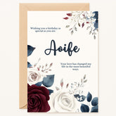 Shop our personalized birthday card for Aoife, featuring elegant floral artwork and heartfelt messages. Available in A6 or A5. Custom name, premium quality—perfect for a special birthday.